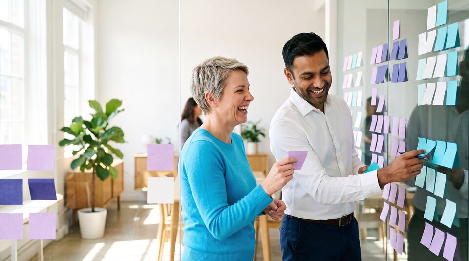 Two strategists laugh as they group lavender, indigo and cyan sticky notes into clusters on a sunlit glass wall.