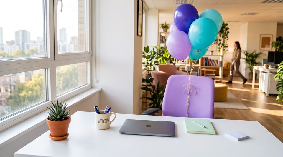 An empty new-hire desk with a closed laptop, a WELCOME mug and balloons tied to the chair, waiting for someone to start.