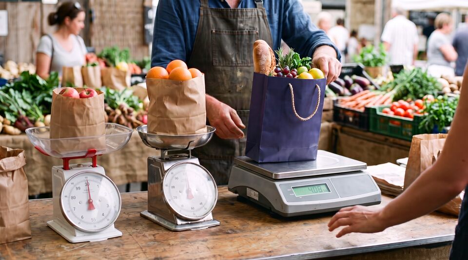 Three bags on three market scales: a few apples, a bag packed with oranges and an indigo bag of bread, fruit and herbs.