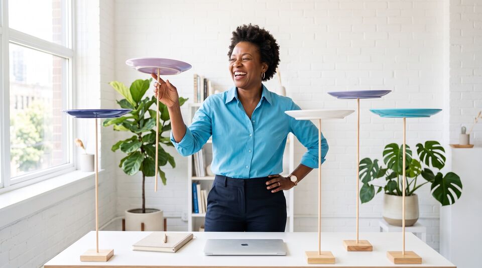 An agency owner laughs as she keeps five plates in indigo, lavender, white and cyan spinning on sticks above her desk.