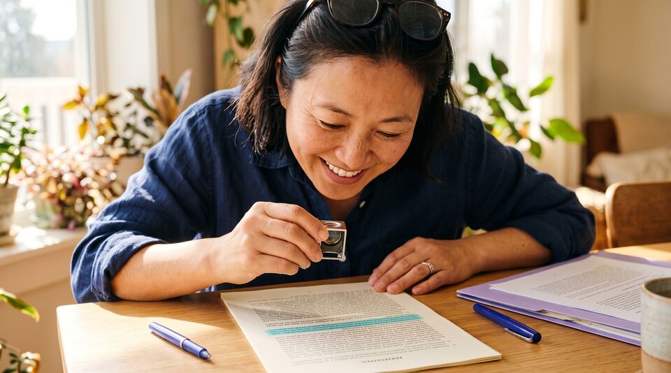A smiling woman checks a highlighted line on a printed page through a jeweler's loupe.